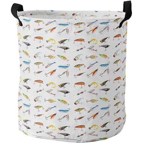 17-inch Laundry Hamper Foldable Laundry Basket, Seaside Fishing Waterproof Clothes Hamper for Bathroom Bedroom Living Room, Various Fish Hook Patterns Toy Baskets for Dollhouse