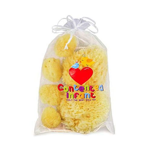 Real Sea Sponges for Babies - 6 Pk Bath Care Set, Gentle, Kind on Skin, for Bathing Washing Body Eyes, Ears Nose, Also for Newborn Toddler Kids; Baby Shower Spa Gift by Contented Infant