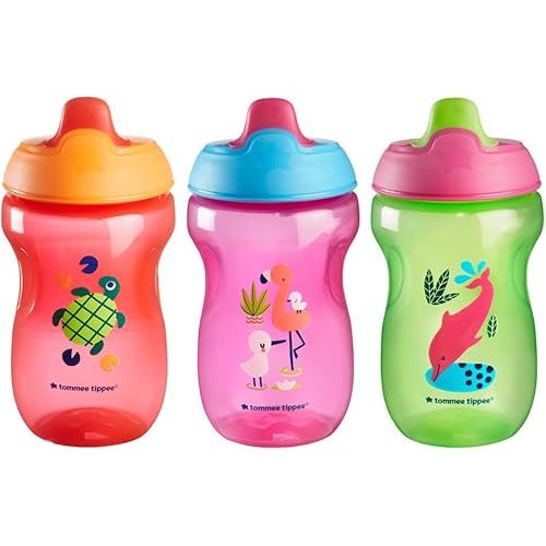 Tommee Tippee Sippee Cup, 9m+, 10oz, Pack of 3 Non-Spill Water Bottles for Toddlers, Red, Purple and Green, Bite-Resistant Spout, Easy to Hold, Leak-Proof and BPA Free