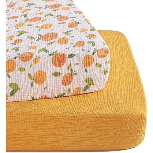 TILLYOU Muslin Crib Sheets for Boys and Girls 2 Pack, Neutral Soft Cotton Baby Crib Mattress Protector, for 52"x 28" Toddler Bed, Orange Flavour & Orange