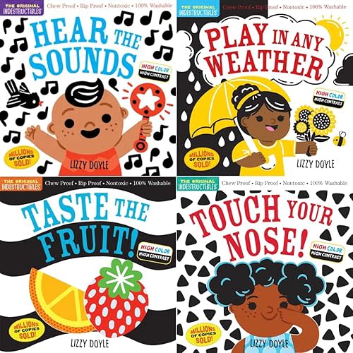 Indestructibles: High Color High Contrast Series 4 Books Set - Hear the Sounds, Play in Any Weather, Taste the Fruit!, Touch Your Nose! (Chew Proof · Rip Proof · Nontoxic · 100% Washable, Book for Babies, Newborn Books, Safe to Chew) Paperback – February 