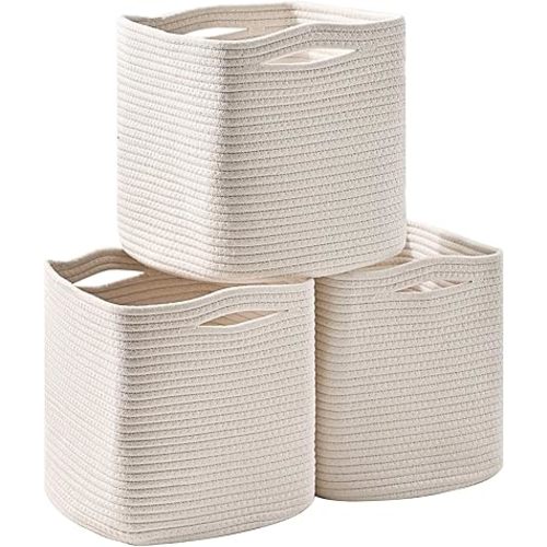 11 Inch Cube Storage Bins, Organizer Bins, Woven Cotton Rope Baskets for Storage, Storage Baskets for Organizing Shelves, White Basket for Toys, Off White (Pack of 3)