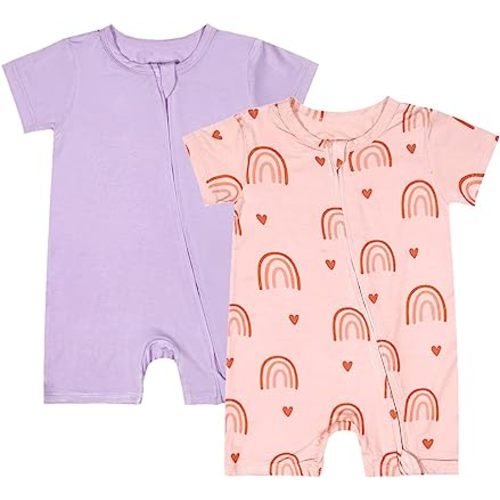 Teach Leanbh Baby Boys Girls 2 Pack Bamboo Viscose Pajamas 2 Way Zipper Short Sleeve Romper Jumpsuit Sleep and Play