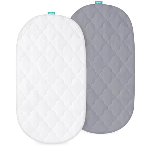 Bassinet Mattress Pad Cover, Fits 12" x 27" Moses Basket and Silver Cross Stroller Bassinet Mattress, 2 Pack, Ultra Soft Waterproof Breathable, White and Grey
