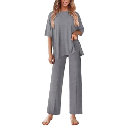 Ekouaer Lounge Sets for Women Short Sleeve Pullover Tops and Long Pants Soft Pajamas Set 2 Piece Outfits S-XXL