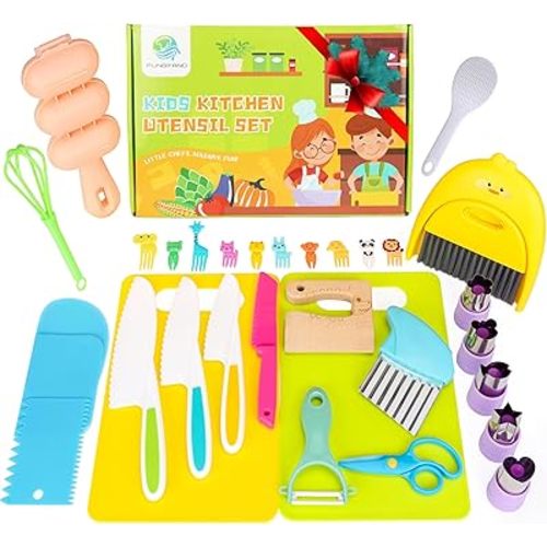FUNGYAND 22 Piece Kids Cooking Set - Montessori Kitchen Tools with Plastic Knives, Cutting Board, Cleaning Tools and More Kitchen Accessories - Kids Knife Set for Real Cooking