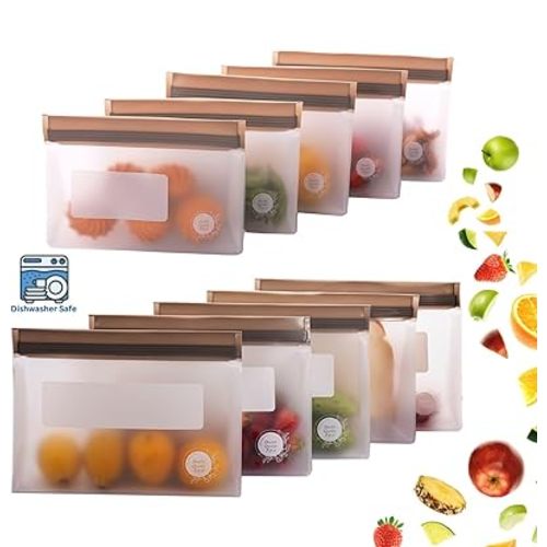 Reusable Silicone Food Storage Bags – 10-Pack Stand-Up, BPA-Free, Freezer, Dishwasher Safe, & Eco-Friendly – 5 L, 5 M Bags – Airtight Leakproof Sandwich, Snack, Travel & Make-Up baggies (Grey)