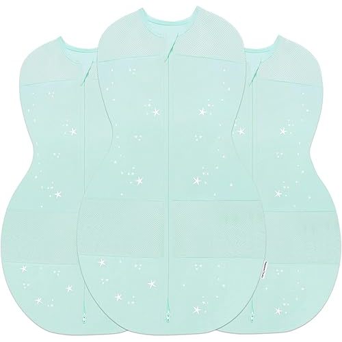 Happiest Baby Sleepea 5-Second Swaddle - 100% Organic Cotton Baby Swaddle Blanket - Doctor Designed Promotes Healthy Hip Development - 3-Pack Newborn Bundle (Teal Stars, 2 x Small, 1 x Medium)