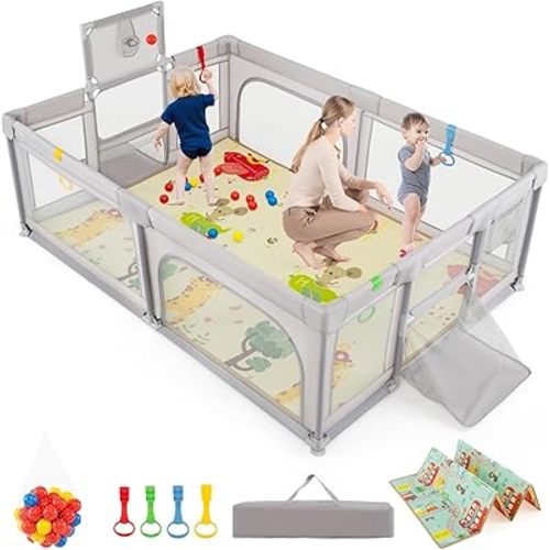 Costzon Large Baby Playpen with Mat, 81'' x 57'' Playpen for Babies and Toddlers w/Basketball Hoop & Soccer Nets, Pull Rings & Ocean Balls, Zippered Gates, Portable Indoor Safety Sturdy Play Yard