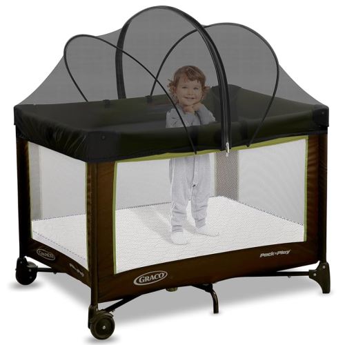 Pack N Play Tent Cover - Bassinet Cover for Pack N Play/Travel Crib/Mini Crib/Playpen, Bassinet Mosquito Net Cover with Two-Way Zippers (Black-Large)