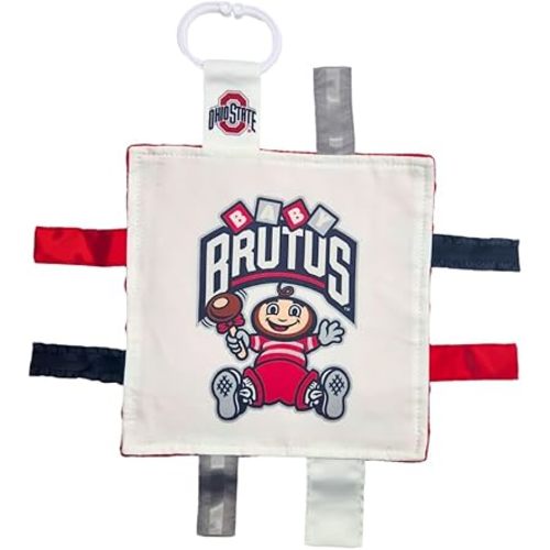 The Ohio State University Crinkle Learning Lovey Sensory Plush Blanket - Tag Toys for Babies - Baby Stroller Toys - Sports Team Pride MVP Registry Gift w/Stroller Clip (8 x 8 Tag Toy)…