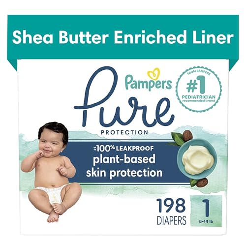 Pampers Pure Protection Diapers - Size 1, One Month Supply (198 Count), Hypoallergenic Premium Disposable Baby Diapers
