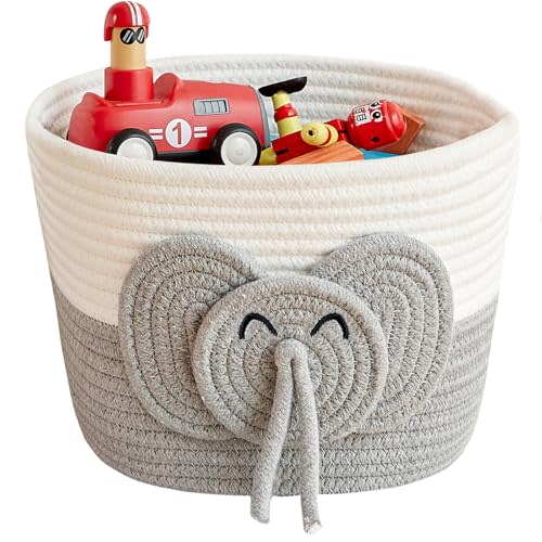 R RUNKA Adorable Small Elephant Cotton Rope Basket - Gift Empty Baskets - Toy Storage Basket, Woven Basket for Baby Essentials, Decorative Woven Basket for Nurseries and Playrooms (11"x7")