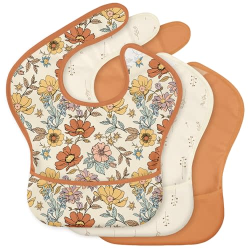 3-Pack Waterproof Baby Bibs for Eating - Mess Proof Lightweight Toddler Feeding Bibs with Large Food Catcher, Food-Grade Baby Eating Essentials, Easy to Put On & Clean(Retro Floral)