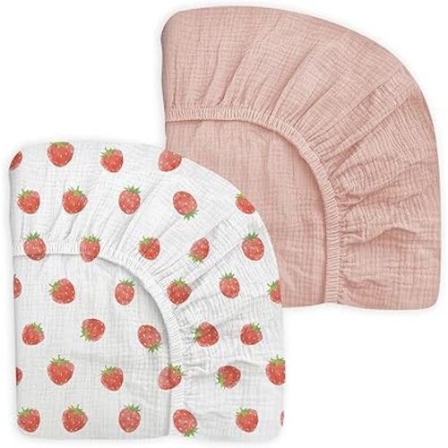 Crib Sheets for Baby Boy Girl 2 Pack, Fitted Crib Mattress Sheet 28" x 52", Muslin Toddler Bedding with Neutral Style, Nursery Bedding Essentials (Strawberry & Pale Pink)