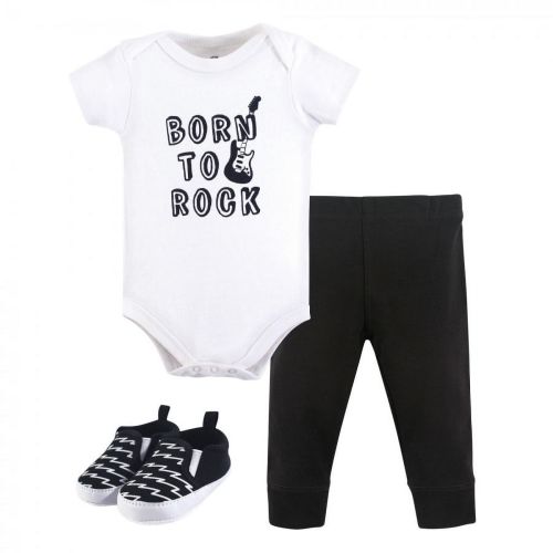 Little Treasure Baby Boy Cotton Bodysuit, Pant and Shoe 3pc Set, Born To Rock, 3-6 Months