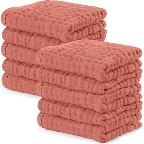 Comfy Cubs Muslin Baby Washcloths 10 Pack - Soft 6-Layer Cotton Wash Cloths for Sensitive Skin - 25 x 25 cm Large, Gentle, Absorbent Infant Essentials for Newborn and Toddlers - Dusty Rose