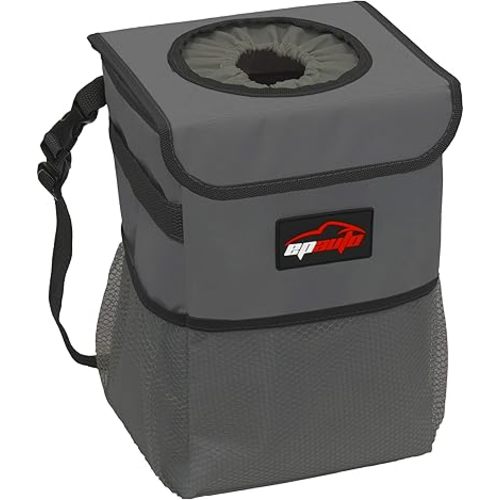 EPAuto Waterproof Car Trash Can with Lid and Storage Pockets, 2.5 Gallon Leakproof, Dark Gray