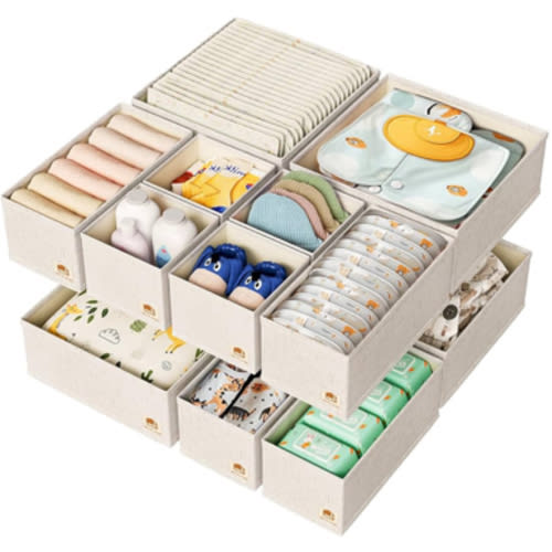 16 Pack Drawer Organizer for Baby Clothes, Fabric Nursery Organizer for Baby Diaper, Collapsible Deep Fabric Drawer Organizer with Zipper for Socks, Bra, Towels, Ties, Grey