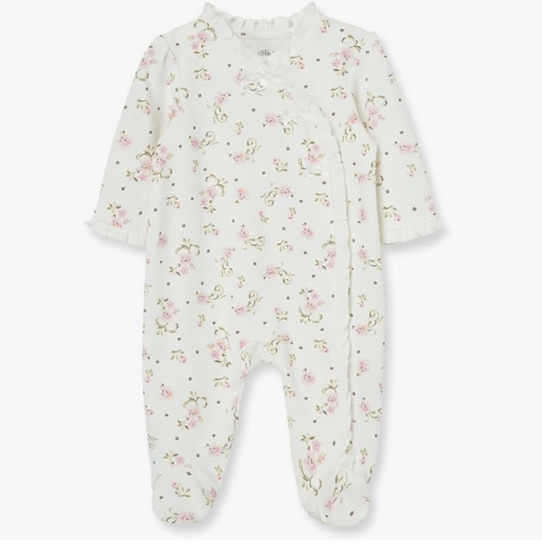 Little Me Clothes for Baby Girls 100% Cotton Scratch-Free Tag Footed One-Piece Romper and Hat Sleeper Set