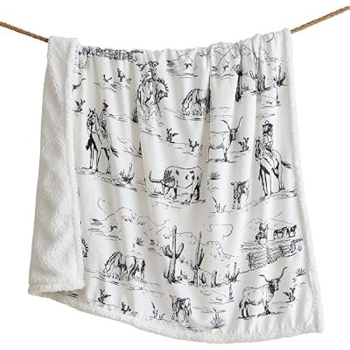 Indigo Hill by HiEnd Accents Ranch Life Sherpa Throw Blanket, White Black Cowboy Cow Longhorn Horse Print Western Blanket for Camping Outdoor, Sherpa Fleece Blanket for Couch, Sofa, Bed, 54x68 inch