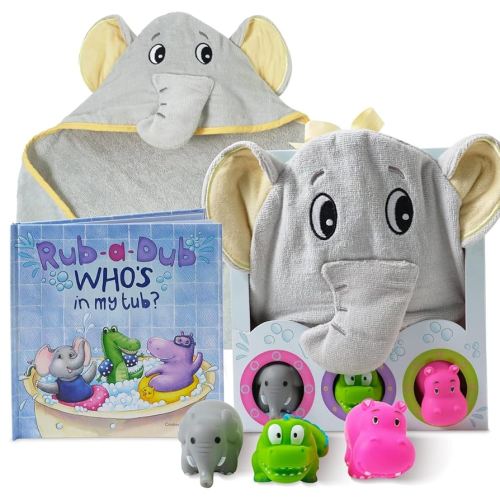 Tickle & Main Rub-a-Dub Gift Set, 5-Piece Bath Set Includes Elephant Hooded Towel, 3 Jungle Safari Squirt Toys, and Book for Boys and Girls!
