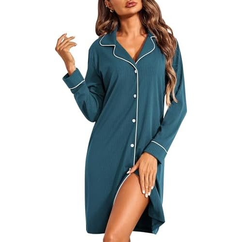Ekouaer Womens Long Sleeve Nightgowns Button Down Sleep Shirts V-Neck Night Gowns Night Shirts