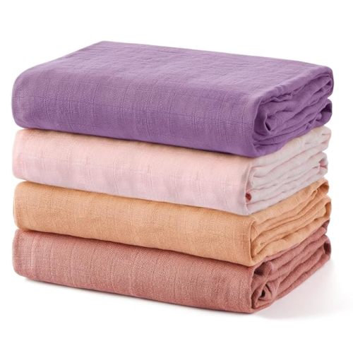 Momcozy Muslin Swaddle Blanket, 4 Pack Large 47 X 47 Inches Breathable Swaddling Receiving Blankets for Baby Boy & Girl, Soft and Skin-Friendly Unisex Baby Blankets - Pink Purple