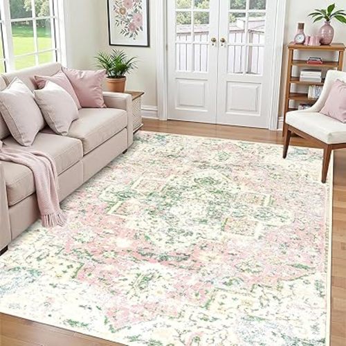 5x7 Washable Area Rugs for Bedroom Girls Soft Boho Vintage Floor Carpet Non-Slip Oriental Pink Rug for Bedside Nursery Living Room Dinning Room, Light Green and Pink Rug