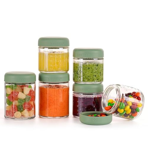 Haakaa Reusable Glass Baby Food Storage Jars with Silicone Lids – 6pc 4 x 4oz + 2 x 7oz, Premium Lab-Quality Borosilicate Glass, Plastic-Free, Freezer, Microwave & Ovensafe.