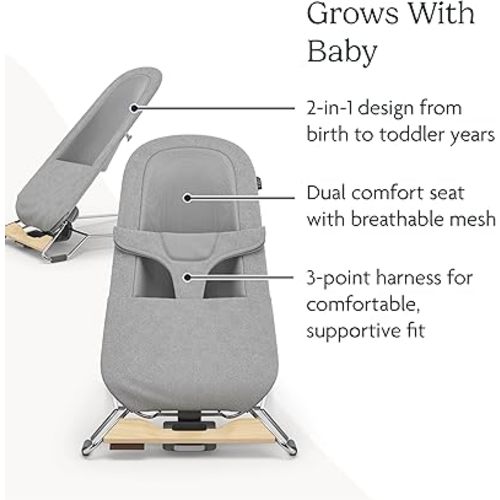 UPPAbaby Mira Bouncer/Portable 2-in-1 Bouncer + Seat Grows with Your Baby/GREENGuard® Gold, JPMA + FSC® Certified/Cozy Seat Liner + Storage Bag Included/Stella (Grey Mélange/Silver Chrome/Maple Wood)