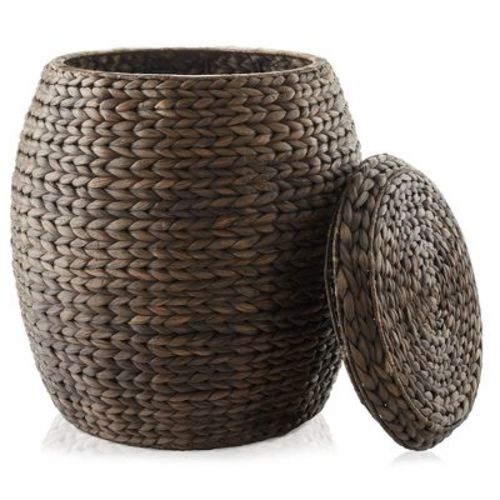 Casafield Round Storage Basket with Lid, Espresso - Handwoven Water Hyacinth Hamper for Laundry, Blankets, Plants