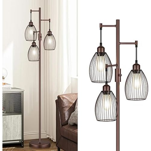 Torondo Dimmable Farmhouse Industrial Floor Lamp, Matte Brown Tree Standing Tall Lamps with 3 Elegant Teardrop Cage Head & 800 Lumens LED Edison Bulbs for Living Room Bedroom Office Dining Room