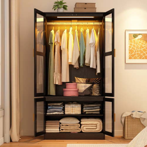 4 Doors Wardrobe Closet with Sensor Light & 4 Glass Doors, 71" H Clothes Closet Wardrobe with 2 Storage Cabinets, Wooden Wardrobe with Hanging Rod for Bedroom
