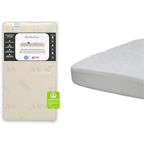 Simmons Kids SlumberTime Naturally 2-Stage Premium Plant-Based Soy Foam Baby Crib Mattress & Beautyrest Kids Fitted Crib Mattress Pad | Waterproof | 52” x 28” | Machine Washable, White