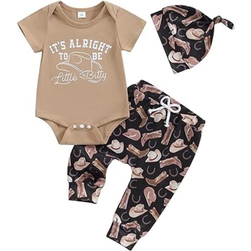Baby Boy Western Clothes Cowboy Letter Short Sleeve Romper Cowboy Boots Hat Pattern Pant Newborn 3Pcs Country Outfit