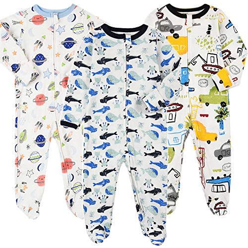 Aablexema Baby Footie Pajamas with Mittens - 3Pcs Infant Footed Sleeper Cotton Sleepwear Outfits