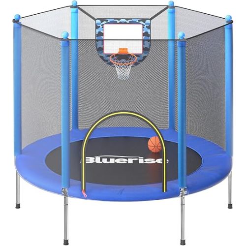BLUERISE Trampoline 55IN 6FT Toddler Trampoline for Kids Indoor Outdoor Play for Kids Trampoline Basketball Hoop Attachment with Enclosure Net Easy to Assemble Outdoor Indoor Trampoline