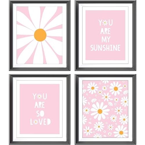 AEHIE Boho Pink Daisy Flower Decor Wall Art Print, You Are My Sunshine Poster for Baby Girls Room Nursery, Bohemian Wall Decor, 4pcs