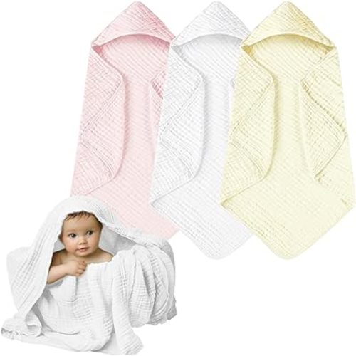 Hooded Baby Towels, 3 Pack Muslin Cotton Baby Towel Set, Super Soft and Absorbent Bath Towel for Babies, Infant, Toddler and Kids, Newborn Essential (35 X 35 Inch) (White + Pink + Yellow)