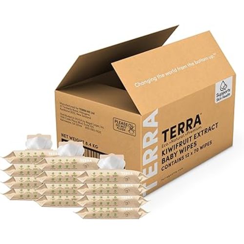 Terra Bamboo Baby Wipes: Kiwifruit Extract, 99.5% Pure New Zealand Water, 100% Biodegradable Bamboo Fiber, 0% Plastic, Unscented Baby Wipes for Sensitive Skin, 12 Pack of 70 Wipes