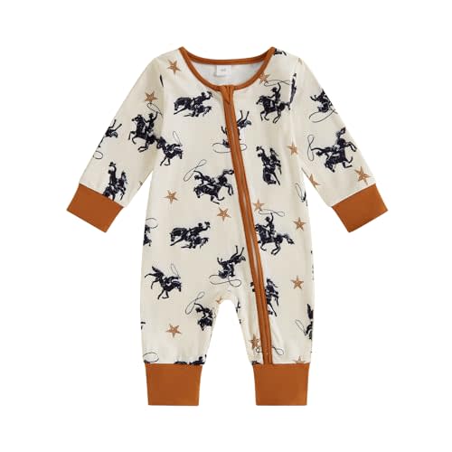 SAYOO Western Baby Cowboy Clothes Neutral Zipped Fall Romper Outfit for Boy Girl Infant Lapel Cow Print One-piece Jumpsuit