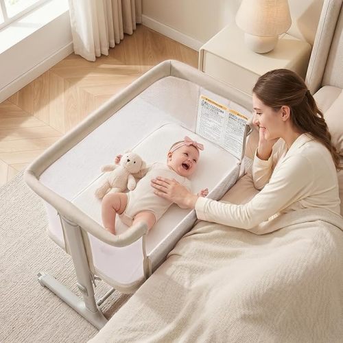 INFANS 3 in 1 Baby Bassinet, Bedside Sleeper for Newborn, Folding Crib with Mattress, Travel Bag, Wheels, 4-Sided Mesh, Easy to Assemble Cradle Co Sleeper Stationary, Rock (Beige)