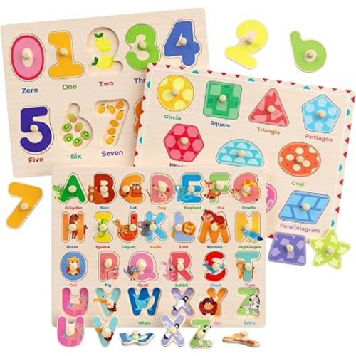 Wooden Montessori Puzzles for Toddlers, 3 Pack ABC, Number and Shape Puzzle for Kids, Preschool Learning Activities, Gift for Girls Boys