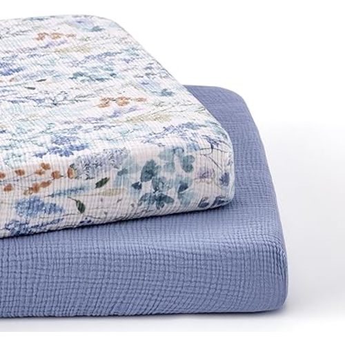 TILLYOU Muslin Mini Crib Sheets 2 Pack, Pack and Play Mattress Sheets Fitted for Pack N Play, 38'' x 26'' Sheet for Toddler, Blue Flower