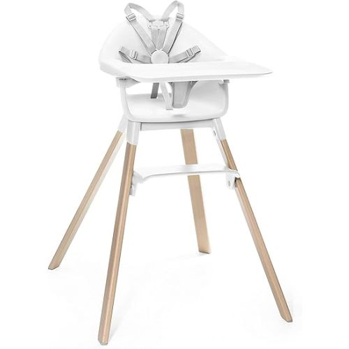 Stokke Clikk Easy to Clean White Baby High Chair with Natural Legs, All in One Box (Includes Tray and Harness)