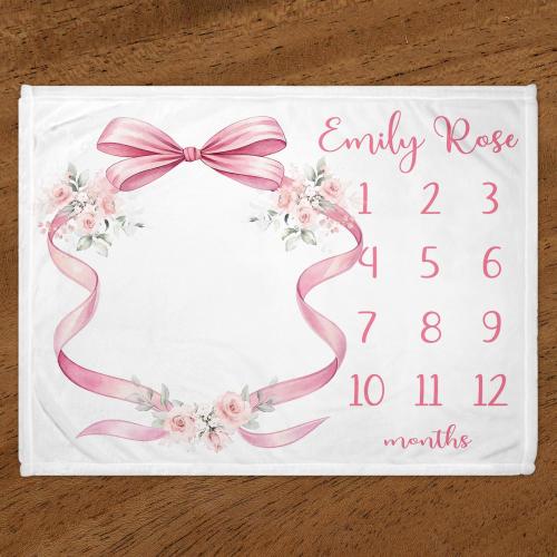 Pink Bow Milestone Blanket, Pink Bow Floral Roses Blanket, Personalized Baby Girl Monthly Blanket, Ribbon Blanket, Baby Shower Gift B1748