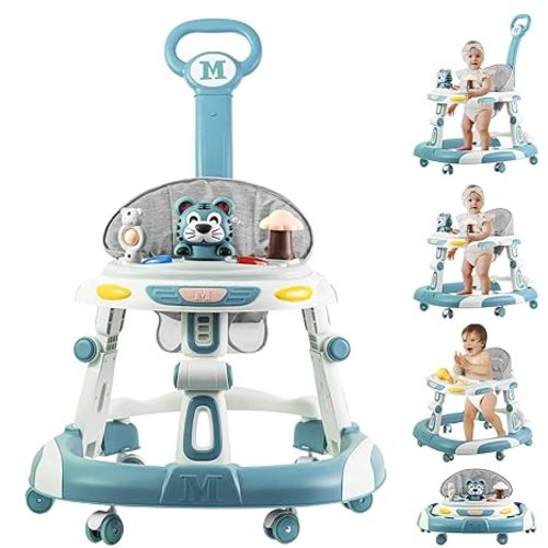 Baby Walker, 4-in-1 Foldable Baby Walkers and Baby Activity Center with Toys Tray,3-Gear Height Adjustable Infant Toddler Baby Walker with Wheels for Baby Boys and Girls 6-24 Months(Blue)