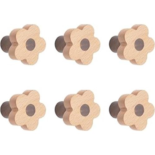 MOROBOR 6pcs Flower Shaped Wooden Knobs Single Hole Beech Wood Handles Wood Cupboard Cabinet Handles Knobs for Chest of Drawers with Screws& Expansion Tube