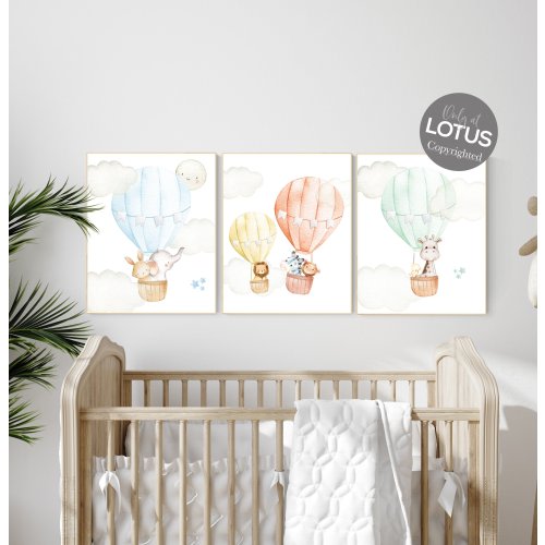 Animal Hot Air Balloon Nursery Decor Prints: Elephant, Giraffe, Bear